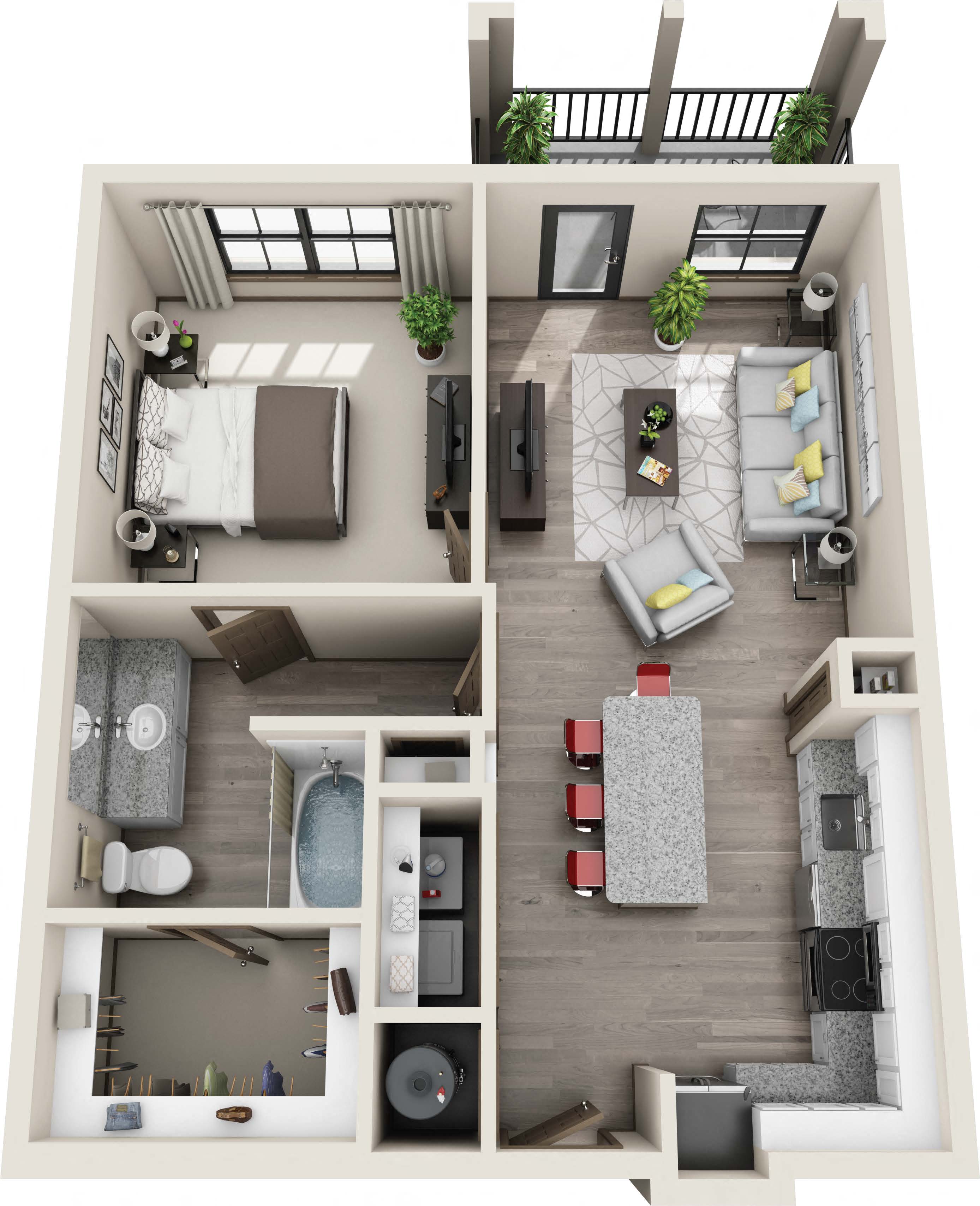 Floor plan for 1 bed, 1 bath, 757 sqft